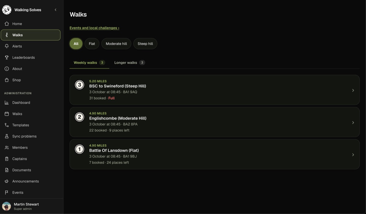 Walking Solves walks list showing upcoming walks, places booked and places left